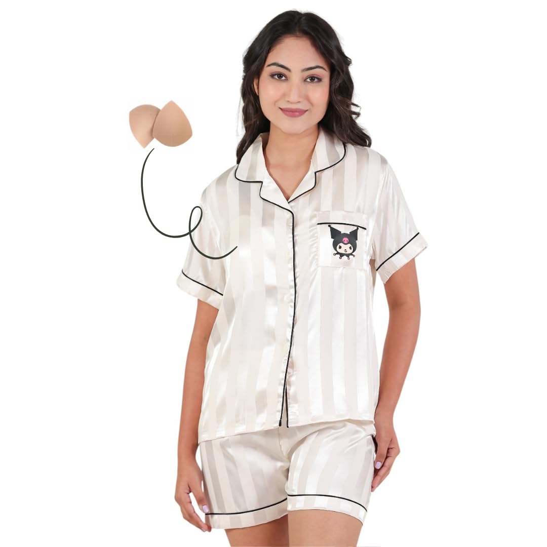 Korean Style Chest Padded Nightsuit for Women – Ivory White Modal Striped Shorts Set with Inbuilt Pads, Braless Sleepwear & Cute Character Pocket Design-image-20