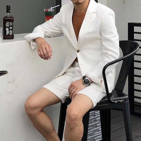 Men's Linen 2 Pieces Suit Set Shorts Summer Beach Wedding Prom Jacket Vest Pants Tuxedo2