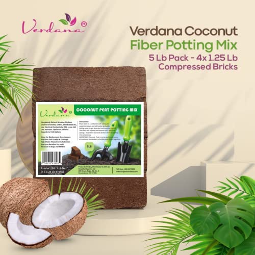Verdana Coconut Fiber Potting Mix – 5 Lb Pack - 4X 1.25 Lb Compressed Bricks - Coco Coir, Coco Peat, Coir Pith - Alternative To Peat Moss – Soilless Growing Medium - Low Ec, Optimum Ph, High Expansion #TOP1