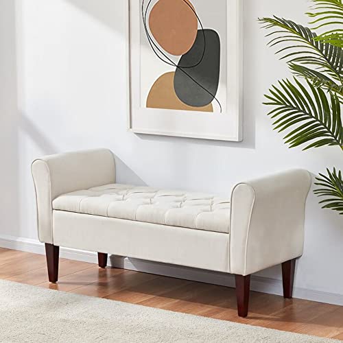 Image of Sal Wood Upholstered Flip Top Storage Armrest Bench Ottoman Pouffe Puffy Settee 2 Seater Sofa Footstool for Livingroom Bedroom Office Hotel Guestroom (White)