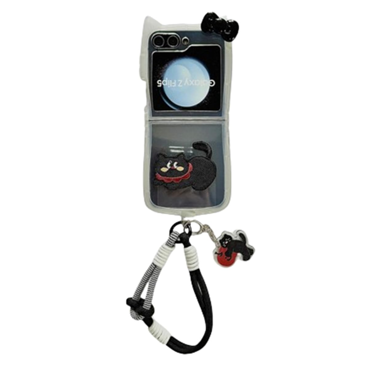 AOLABOKY Cute Cartoon cat Ear Phone Case for Samsung Galaxy Z Flip 6/Z Flip 7 FE, Kawaii Embroidered cat Back Cover Pattern Design with Wrist Rope