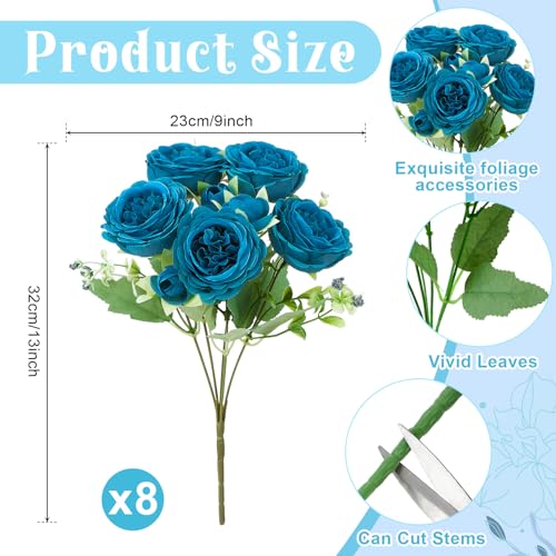 Image of 8 Pack Teal Peonies Artificial Flowers, Faux Floral Fake Silk Hydrangea Bouquet for Bridal Wedding Home Table Decor Reusable Dining Opening Ceremony Birthday Arrangement