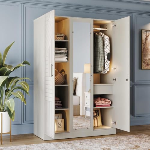 Image of Wakefit Wardrobe for Bedroom | 3 Yr Warranty | Cupboard for Bedroom, Almirah, Wooden Wardrobe, Comes with LED light, Storage Drawer, Mirror & Hanger, Density:680-750kg /m, Free Installation(Tyrian-LG)