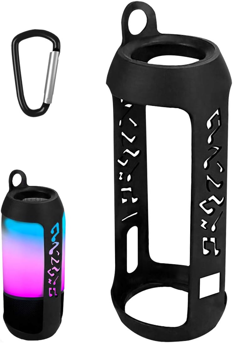 Silicone Speaker Case Cover Compatible with JBL Pulse 3 Wireless IPX7 Waterproof Speaker, Protective Soft Skin Sleeve Travel Carrying Pouch with Keychain Hook (Black)