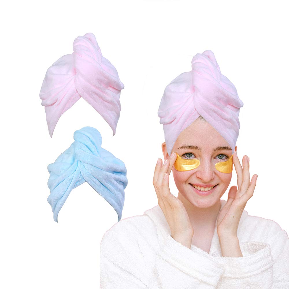 KOWUEN Premium Microfiber Hair Towel for Long Hair, 2 Pack Hair Turbans for Wet Hair, Super Absorbent Rapid Dry Hair Towel Wrap Wet Hair Towel for Curly Hair (Pink+Blue)