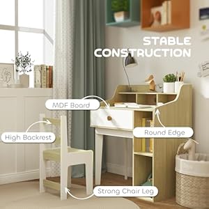 Qaba Kids Desk and Chair Set, Student Desk and Chair Set with Storage Shelves, Drawer, Kids Study Desk and Chair Set for 3-10 Years, White Qaba Kids Desk and Chair Set Student Desk and Chair Set with Storage Shelves Drawer Kids Study Desk and Chair Set for 3 10 Years White