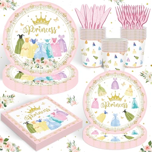 120PCS Princess Birthday Party Supplies Princess Themed Birthday Party Decorations for Baby Girls Babyshower Sweet Fairytale Tableware Set Dessert Plates Napkins Cups Set for 20 Guests