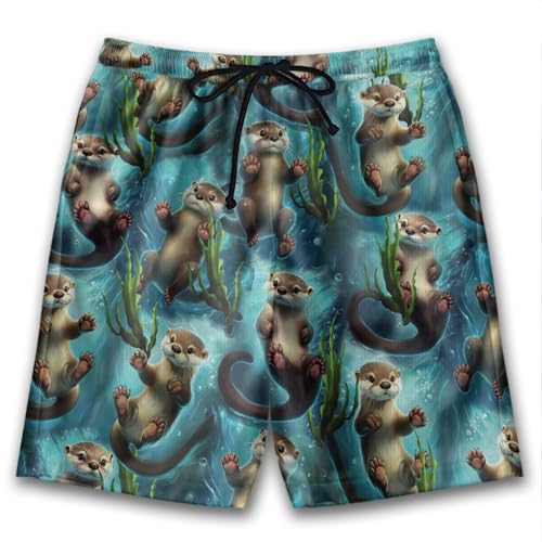 Funny Otter Mens Swim Trunks - Animal Hawaiian Mens Shorts Casual Summer Drawstring Beachwear Shorts