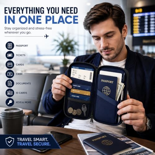 Image of Travel Passport Holder Organizer for Family, RFID Blocking Passport Wallet with Zipper, Waterproof Travel Document Organizer, Holds Up to 4 Passports, Card & Ticket Holder, Black