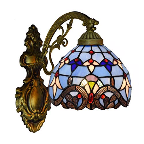 Yjmgrowing Tiffany Style Wall Lights Blue Baroque Stained Glass Corridor Wall Lamp 8 Retro Bedroom Bedside Wall Sconce for Balcony Living Room Hallway Lighting Decorative, E27,110-240V