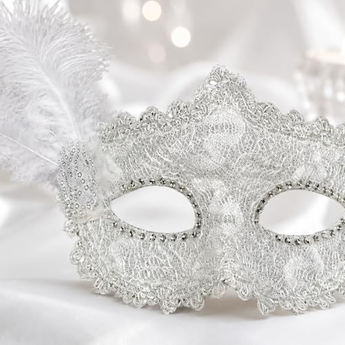 Image of Wanna Party White Glitter Masquerade Eye Mask with Feather | Elegant Costume Party Accessory for Halloween, Carnival, Theme Party & Celebration Events | Lightweight Fancy Dress Mask