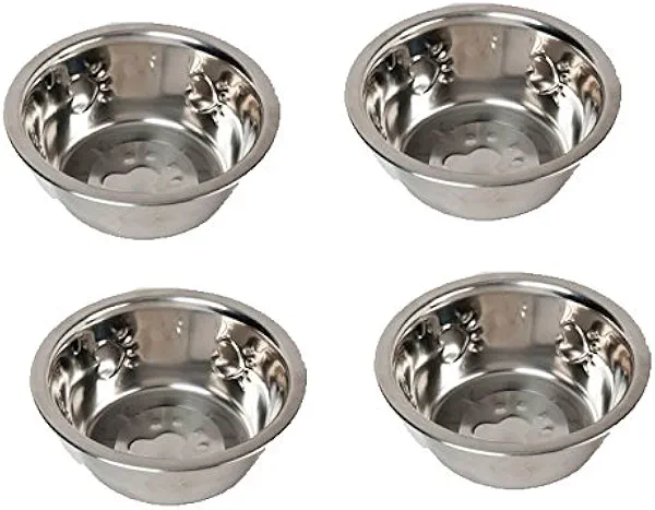 Set of 4 Paw Print Design 24oz Metal Dog Bowls for Food and Water