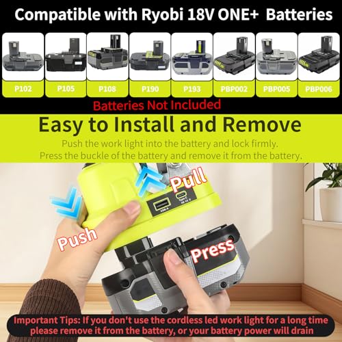 Image of Cordless LED Work Light Compatible with Ryobi 18V Battery, 90W 7000LM Flood Light with USB & Type-C, Low Voltage Protection for Garage Outdoor Job Site Lighting (No Battery)