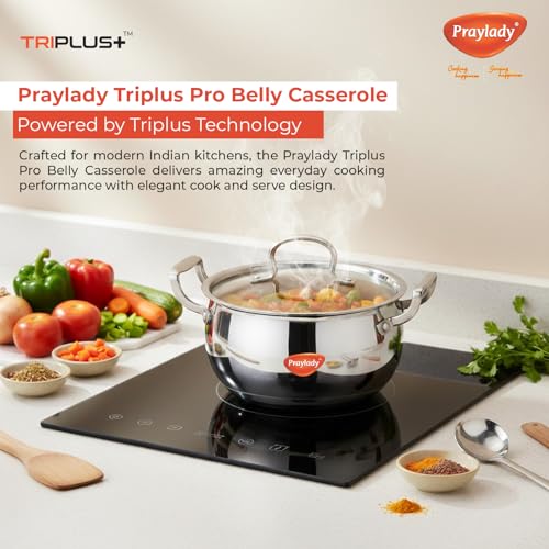 Image of Praylady Triplus+ Pro Belly Triply Handi | 18 cm 2.8 L | Belly Shape Cook & Serve Casserole | Induction Gas Ready | Biryani Rice Dal Curry Pot | Stock Pot | Stainless Steel Lid | Less Oil | Even Heat