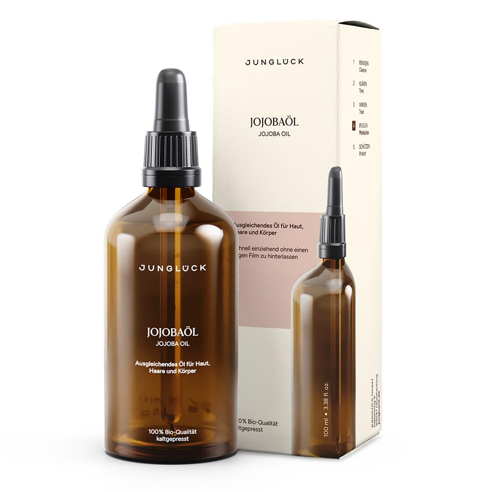 JUNGLÜCK Jojobaöl Bio Kaltgepresst - 100% Bio, Rein & Natürlich - Jojoba Oil für gesunde Haare, schöne Haut und kräftige Nägel - Naturreines Gesichtsöl und Körperöl für ein ebenmäßigeres Hautbild