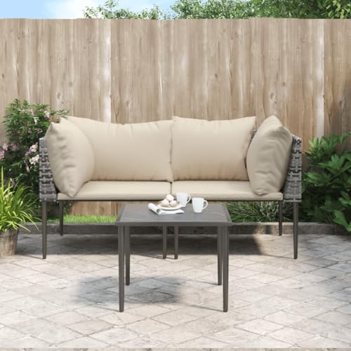 3 Piece Garden Lounge Set, Grey Poly Rattan Outdoor Sectional Sofa with Cushions, Patio Furniture Set for Backyard
