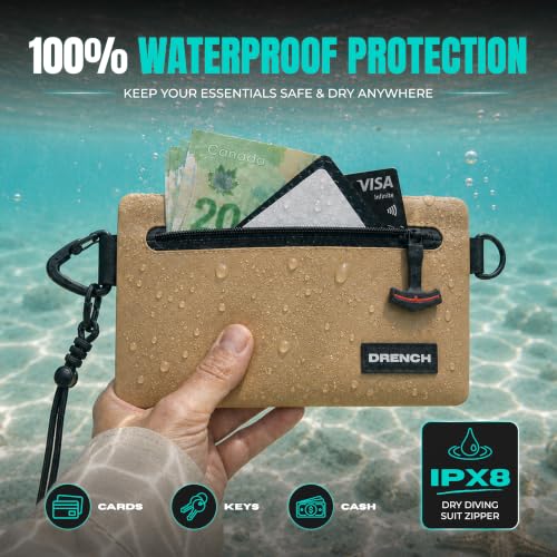 Image of Drench RFID Waterproof Floating Wallet IPX8 Dry Bag for Cards & Cash, Tan | IPX8 waterproof RFID wallet for cards, cash & keys with floating design, adjustable lanyard, belt loop & carabiner