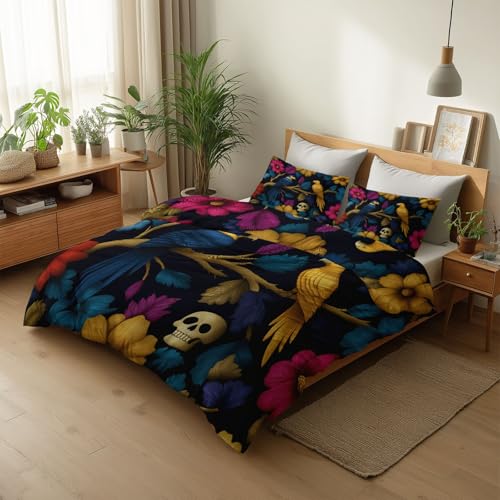 Housse de Couette 180 x 200 cm Fleurs colorées oiseaux crânes style gothique Parure de lit 2 Personne en Respirante avec Fermeture Éclair Réversible Sets...