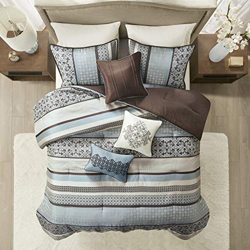 Madison Park Cozy Comforter Set - Luxurious Jaquard Traditional Damask Design, All Season Down Alternative Bedding With Matching Shams, Decorative Pillow Princeton Blue Queen(90"X90") 7 Piece #TOP15