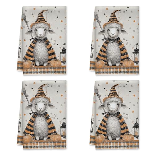Juego de 4 toallas de cocina con diseño de oveja, diseño de rayas de temporada, motivos de calabaza, paños de cocina suaves, esenciales de cocina, 16 x 24 pulgadas (4 piezas)