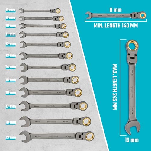 DURATECH Antislip, flexibele ratelsleutelset, combinatiesleutelset, 12-delig, 72-tands, metrisch, 8-19 mm, CR-V-staal, georganiseerd in opbergkoffer - Afbeelding 3