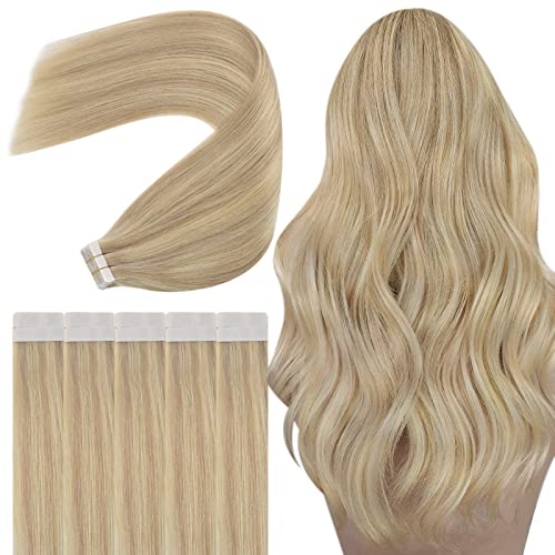 Ash Blonde Tape in Hair Extensions Human Hair 24inch Blonde Highlight Tape in Extensions Human Hair for long Hair 10pcs Remy Tape in Hair Extensions Silky Straight 25g