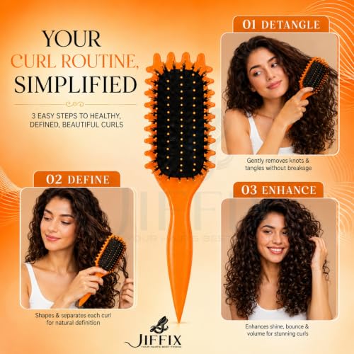 Image of Curly Hair Brush - Curl Defining & Detangling Brush for Women & Men - Boar Bristle Styling Brush for Shaping, Combing & Enhancing Natural Curls - Suitable for All Hair Types (Orange)