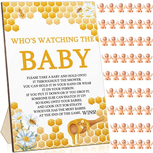 51 Stück coole Babyparty-Spiele, Who's Watching The Baby Schild Holz-Baby-Geschenk-Sets, Geschlechtsoffenbarung, Party-Gastgeschenke, kleine Mini-Babys für Babyparty, Party-Dekorationen (blau) Cover