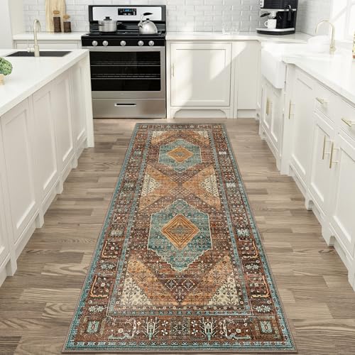 GENIMO Runner Rug 2x10,Hallway Runner Rug Non Slip, Machine Washable Low Pile Lightweight Retro Carpet for Living Room, Entryway, Bedroom, Kitchen and Passage, Brick RED