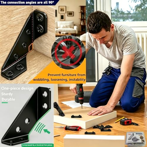 Image of 20PCS Corner Braces for Wood - Black Stainless Steel Corner Brackets, Universal L Brackets for Wood, Furniture Corner Connector, Metal Angle Bracket for Shelves, Cabinet,Chair, Table, Drawer