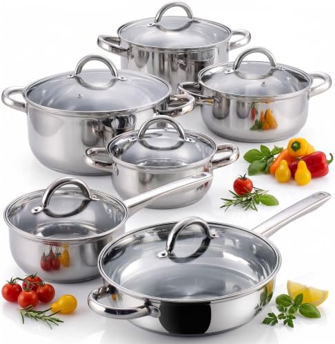 Cook N Home Kitchen Cookware Sets, 12-Piece Basic Stainless Steel Pots and Pans, Silver