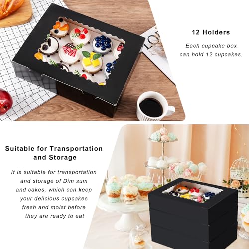 Image of Hoewina 12PCS Cupcake Boxes - Hold 12 Count Cupcake Containers with Window, Food Grade Cupcake Holder Easy Transport and Presentation - Ideal for Cupcakes, Desserts, and More (Black)