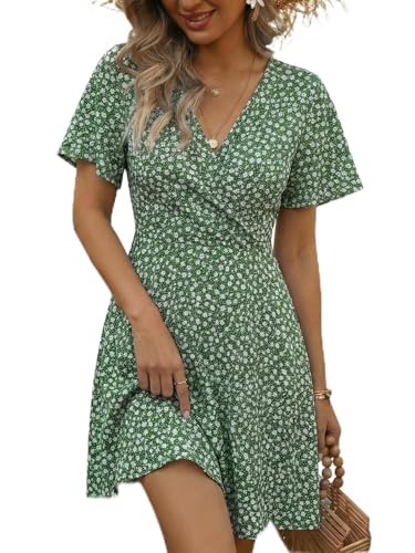 Cicy Bell Damen Sommerkleid Knielang Kurzarm V Ausschnitt Wrap Kleider Blumenmuster Midikleid A-Linie Freizeitkleid Grün L