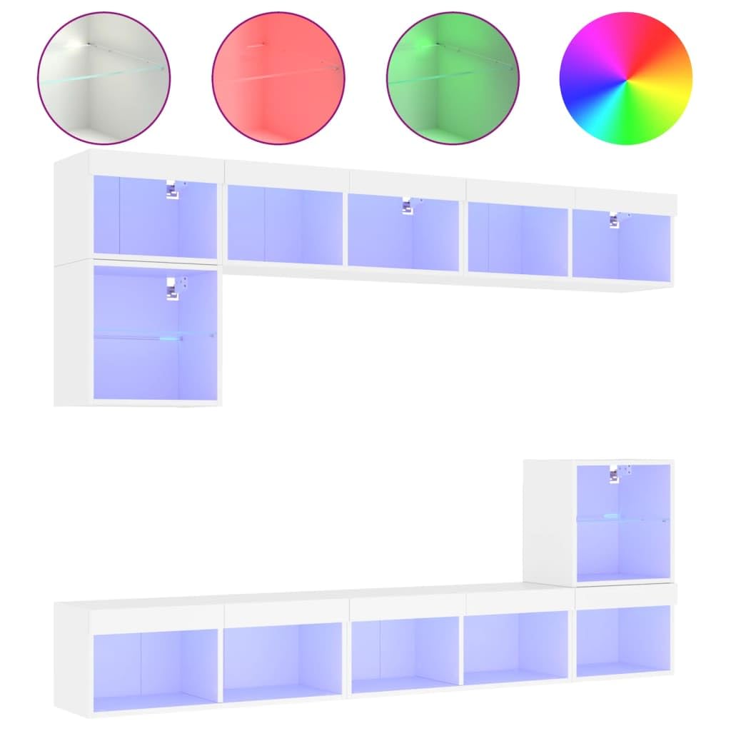 8-częściowy zestaw mebli TV z oświetleniem LED RGB, biały, montowany na ścianie, z tworzywa drewnopochodnego, odporny na wilgoć, dużą przestrzenią do przechowywania książek