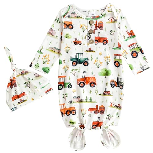 Image of AMAWMW Newborn Baby Boys Girls Cartoon Sleeper Gown Long Sleeve Mountain Nightgown Hat Outfits