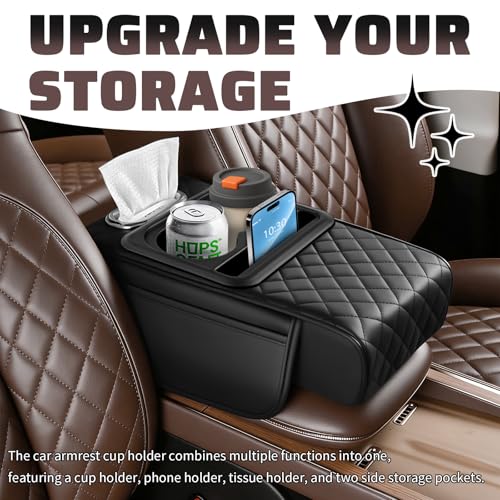 Image of 2026 New 5 in1 Car Armrest Storage Box,Multifunctional Leather Car Armrest Box Pad with Cup Holder & Phone Holder & Storage Bag,Comfortable Center Console Cover for Elbow Support