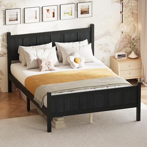 Image of Full Size Vintage Bed Frame with Headboard, Farmhouse Wooden Platform Bed with Under-Bed Storage, Minimalist Modern Wood Grain Finish Bedframe for Bedroom (Black)