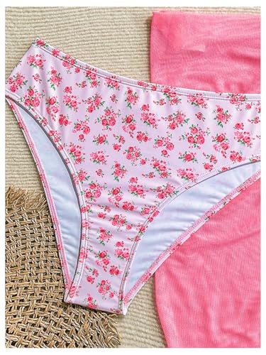 OYOANGLE Girl's 3 Piece Swimsuits Floral Print Halter Triangle Cute Bikini Sets with Sheer Cover Up Skirt4