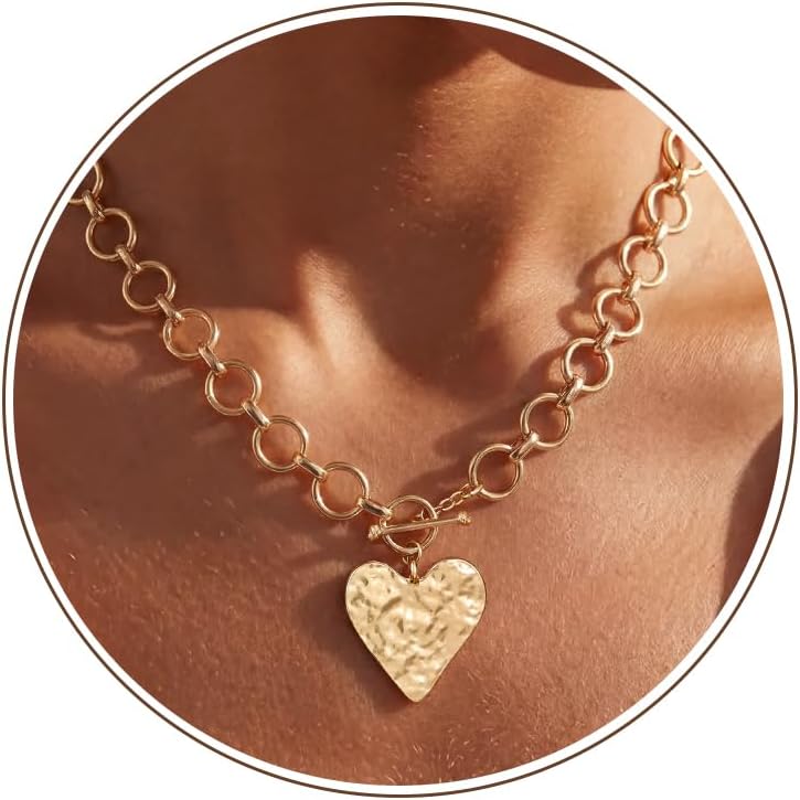 Chunky Heart Necklace for Women, 14K Gold Plated Hammered Heart Pendant O-Link Chain Necklace with Toggle Clasp, Waterproof Non-Tarnish Hypoallergenic Statement Jewelry Gift for Her