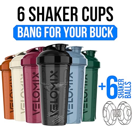 Image of VELOMIX -6 PACK- 28 oz Protein Shaker Bottle for Protein Mixes - 6x Wire Whisk | Leak Proof Shaker Cups for Protein Shakes | Protein Shaker Bottle Pack | Protein Shake Cup (Earth Tones Collection)