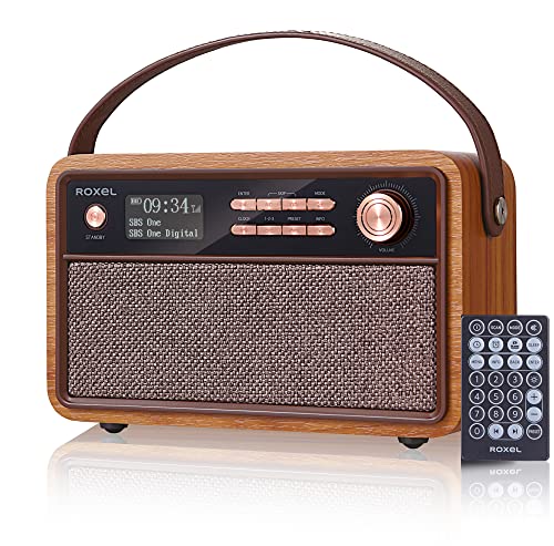 ROXEL RETRO D1 Vintage DAB/FM Radio Bluetooth Speaker with Remote Bedside Alarm Clock with Sleep Function. Rustic Exterior, Mains and USB Rechargeable, TF card, AUX and USB Compatible (Walnut)