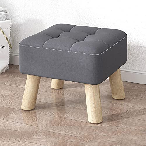 Taburete otomano de lino con patas de madera para sala de estar y dormitorio, reposapiés gris (30 x 30 x 26 cm)
