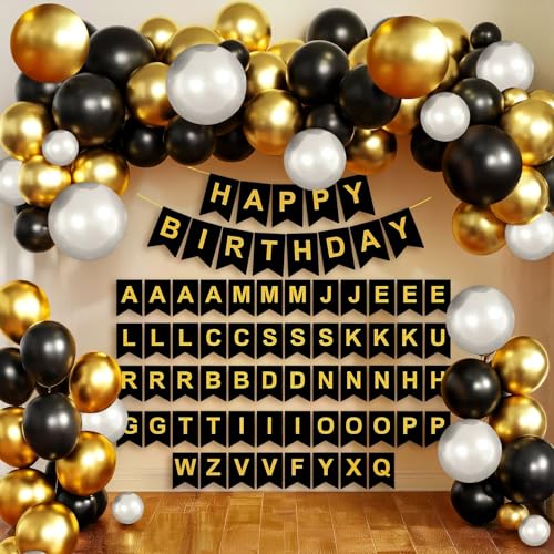 Image of Party Propz Latex, Cradstock Happy Birthday Banner - 115 Pcs Birthday Kit For Decoration, Balloons, Customized Birthday Banner With Name & Balloon Arch (Black, Gold, White)
