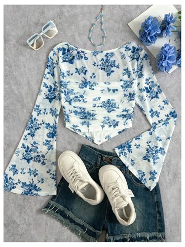 Image of Floerns Girls Bell Long Sleeve Square Neck Asymmetrical Hem Mesh Ruched Crop Tops Tees