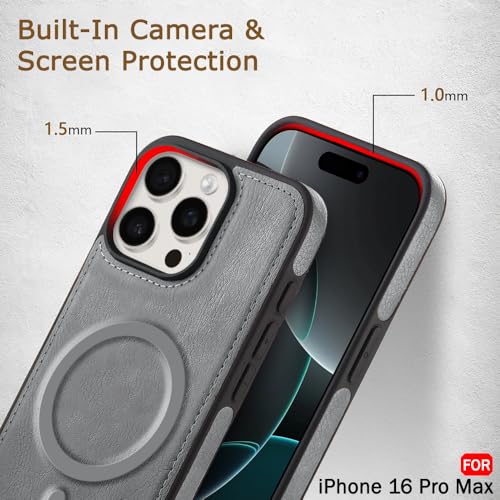 Image of TheGiftKart Genuine Leather Finish Back Cover Case for iPhone 16 Pro Max | Shockproof Design | Raised Edges for Camera & Screen Protection | Stunning Minimalist Design Case (MagSafe Compatible, Grey)