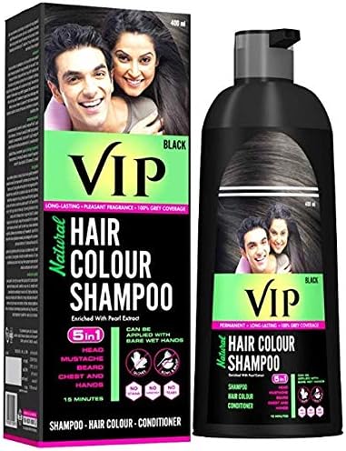 VIP 5 in 1 Hair Color Shampoo (400ml Bottle + 2 Sachets) (black) For Hairs, Mustache, Beard, Chest & hands, Ammonia Free Instant Hair Colour Can be Applied with Bare Wet hands