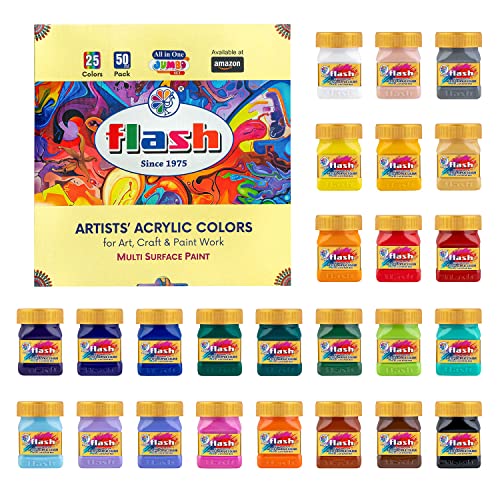 Flash Acrylic Paint Set | 25 Colors | 50 ml Each | High Pigment Strength | Eco Friendly | Non Fading | Non Toxic | Multi-Surface Paint | Pro Artist, Hobby Painters & Kid (50 ml x 25 Shades)