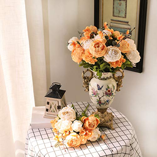 Luyue Artificial Peony Flowers Fake Silk Flowers Wedding Bouquet Floral Decoration Home Office Decor (Orange White) #TOP6