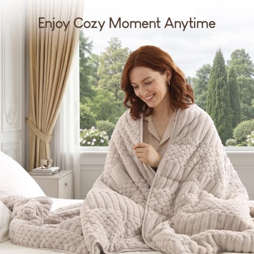 Image of Cottonblue Sherpa Fleece Weighted Blanket 15 lbs for Adults Queen Size, Soft Fuzzy Jacquard Weighted Blankets Throw 60 inch x 80 inch for Sleep Relax, Cozy Warm Knitted Heavy Blanket for Bed Sofa, Griege