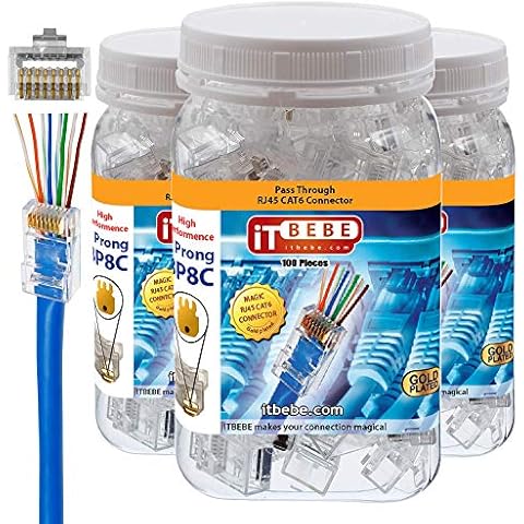 ITBEBE 300 Pieces RJ45 Cat6 Pass Through Connectors for 24 AWG Cables - 200 Cat6 Passthrough Connector Ends Jack for Cat6 Ethernet Patch Cord Cover